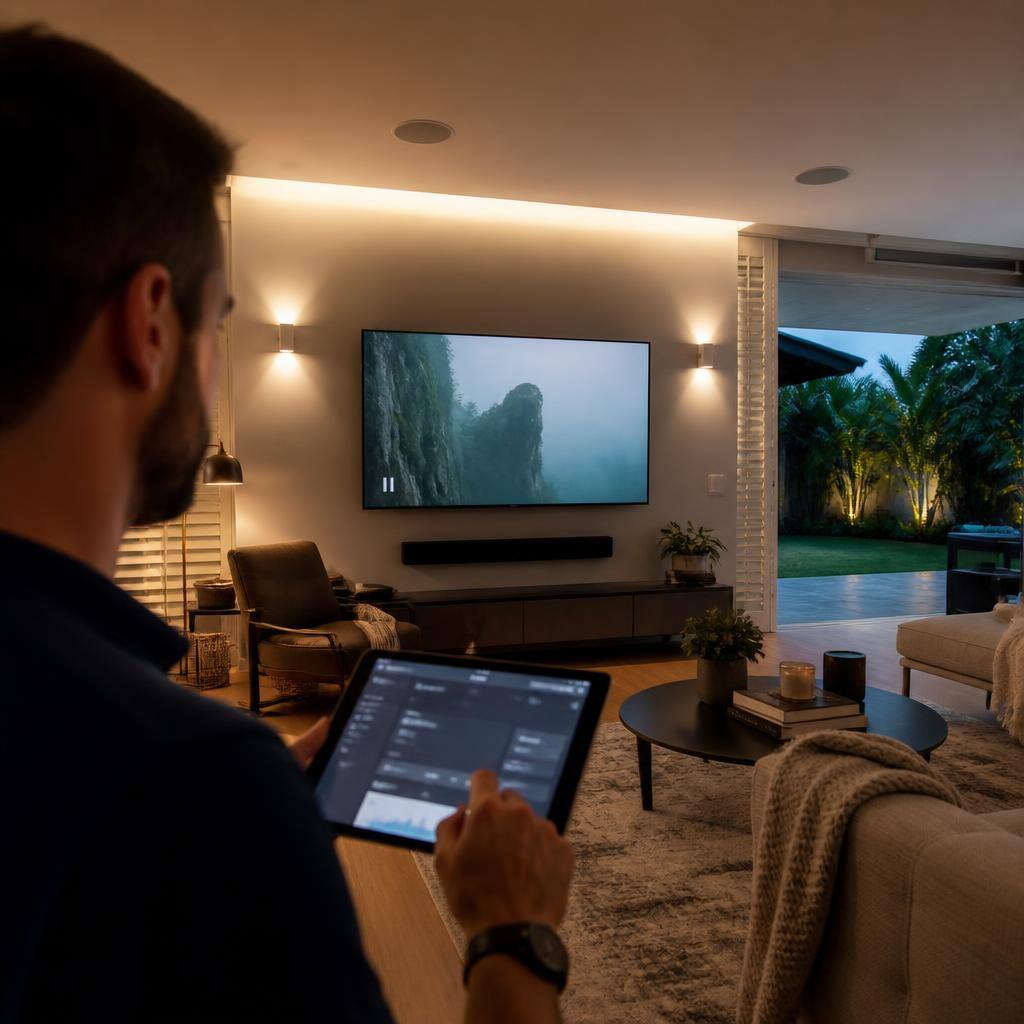 Wall-mounted display and concealed audio visual cabling in an Australian living room