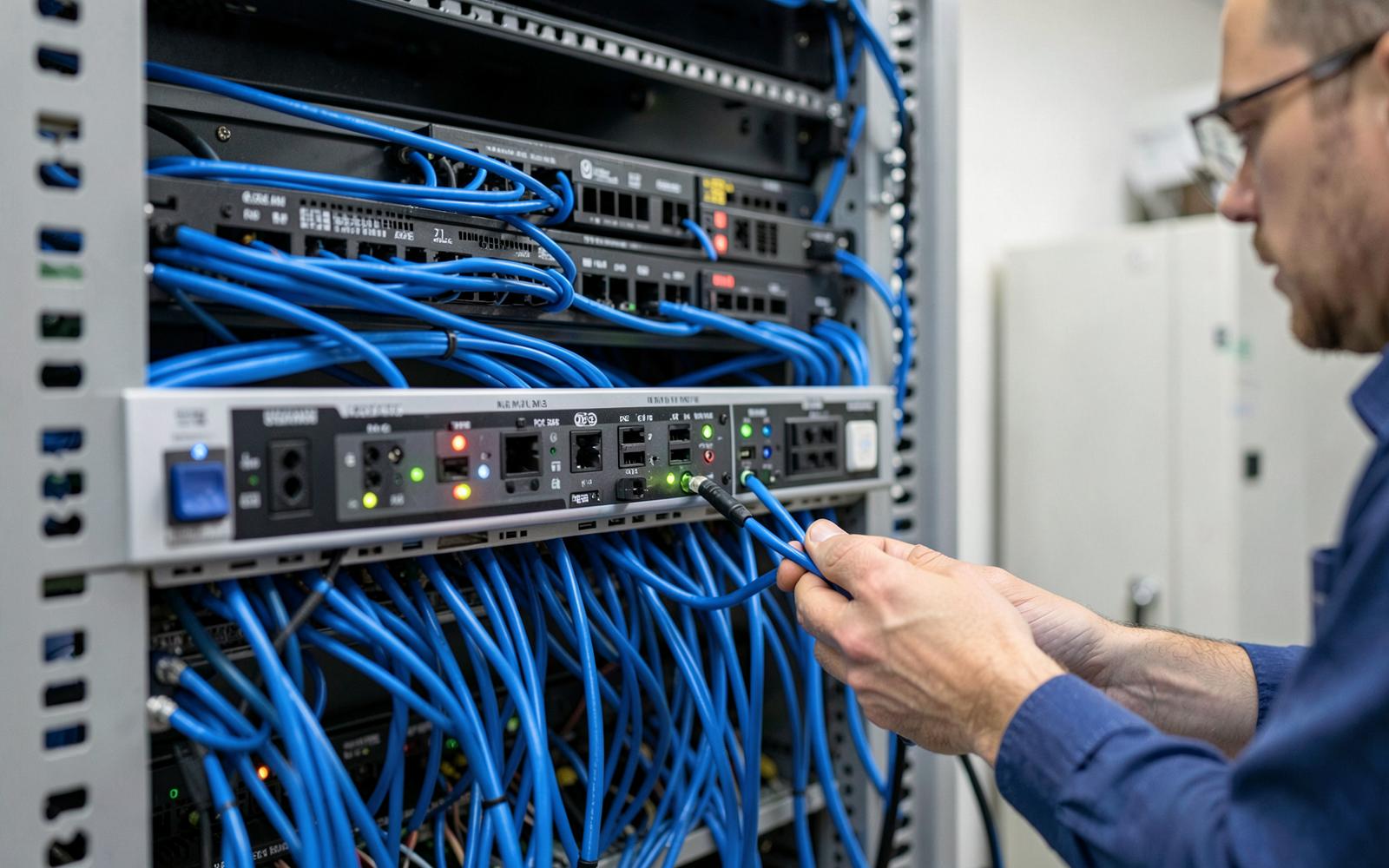 Technician terminating network cabling in a tidy office comms rack