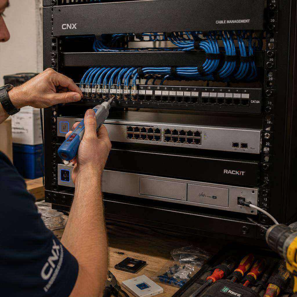 Cat6 data cabling terminated into a patch panel