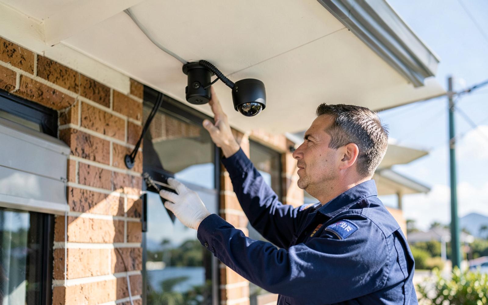 Technician installing a security camera on a Gold Coast home